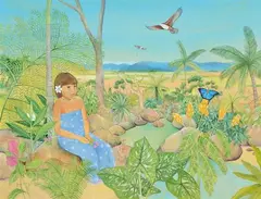 Islander Woman in Landscape by Diana Crooke, acrylic on board, sold Jun 2015