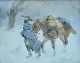 Braving the Winter Storm by Wojciech Kossak, 1926, oil on board, sold Jun 2015