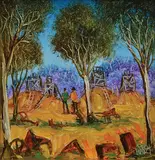Mining oil on card by Pro Hart, oil, sold Mar 2015