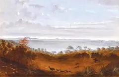 Possibly Edward Roper Colonial School, Emu Hunt oil on card, oil
