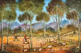 Yarding the Sheep 1975 oil on board by Pro Hart, oil, sold Mar 2015