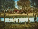 Pro Hart, Lagoon Retreat oil on board, oil