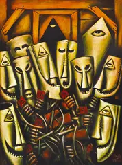 Pro Hart, Masks 1997 oil on board, oil