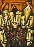 Pro Hart, Masks 1997 oil on board