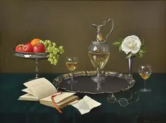Dennis Ramsay, Still Life with Wine and Fruit oil on board, oil