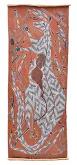 Kangaroo and Mimi Spirits 1989 natural earth pigments on bark 164 x 62cm by Robin Nganjmirra, offered Mar 2015