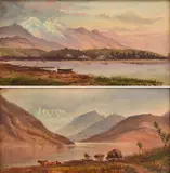 William Piguenit, Pair of paintings, Boat on a lake and Cattle by a lake, Oil on Canvas, 11.8 x 22.5 cm, oil