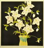 Aileen Brown, Winter Roses 1985 colour linocut 35/50 30 x 30cm