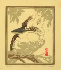 Ethleen Palmer, Kookaburra colour linocut 11.5 x 10cm, print (other)