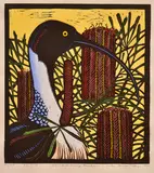 Leslie van der Sluys, Ibis and Swamp Banksia 1980 hand-coloured linocut, ed.51/65 30.5 x 27.5cm, print (other)