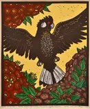 Leslie van der Sluys, White Tailed Black Cockatoo and Eucalyptus Ficafolia 1982 hand-coloured linocut, ed. 67/90 40.5 x 33.5cm, print (other)
