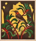Leslie van der Sluys, Western Spinebill and Kangaroo Paws 1984 hand-coloured linocut, ed. 15/90 36 x 31cm, print (other)
