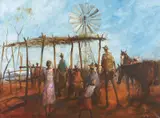 Gleaning Information by Hugh Sawrey, oil on canvas, sold Mar 2015