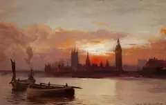 Westminster Below Bridge 1907 by George Hyde Pownall, 1907, oil on board, sold Mar 2015