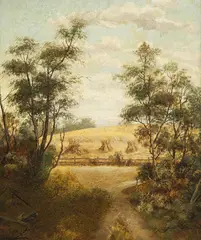 Haystacks by Charles Rolando, oil on panel, sold Mar 2015
