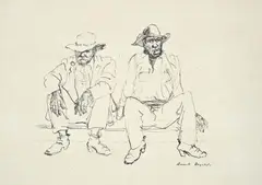 Two Workers by Russell Drysdale, ink on paper, sold Mar 2015