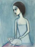 Robert Dickerson, Girl and Cat, pastel on paper on board