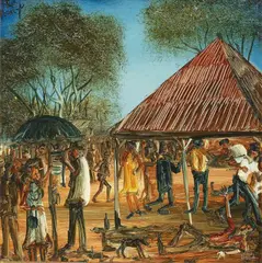 Untitled (Outback Gathering) by Pro Hart, oil on board, sold Mar 2015
