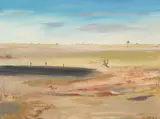 Wimmera Landscape with Burnt Stubble and Crow by Arthur Boyd, oil on board, offered Dec 2014