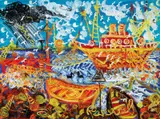 John Perceval, Fishermen and Their Catch, Williamstown, oil and shells on canvas