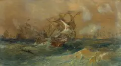 Oswald Walters Brierly, Retreat of the Spanish Armada 1588 1871, 1871, watercolour, bodycolour and pencil on paper on board