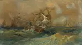 Oswald Walters Brierly, Retreat of the Spanish Armada 1588 1871, 1871, watercolour, bodycolour and pencil on paper on board