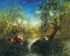 Untitled (Children Playing by a Waterfall) by David Boyd, oil on board, sold Dec 2014