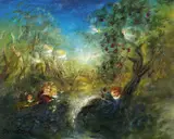 David Boyd, Untitled (Children Playing by a Waterfall), oil on board