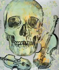 Skull and Violins by David Bromley, synthetic polymer paint and silver leaf on canvas, sold Dec 2014