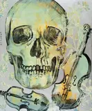 David Bromley, Skull and Violins, synthetic polymer paint and silver leaf on canvas