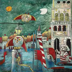 Franco Anselmi, Untitled (Owls and Pussycat), oil on board