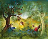 David Boyd, Children by the Orchard, oil on board