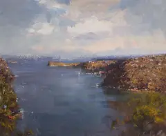 Ken Knight, Sydney Harbour from Mosman, oil on board