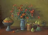 Untitled (Still Life with Flowers and Fruit) c1979 by Margaret Olley, c1979, oil on board, sold Sep 2014