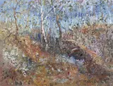 Celia Perceval, Everlasting and Purple Flowering Scrub, oil on canvas