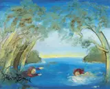 David Boyd, Two Girls Swimming in a Pond, oil on board