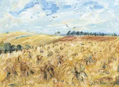 Celia Perceval, Stooks with Blackbirds, Toolern Vale, Victoria 1995, 1995, oil on paper