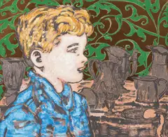 The Young Collector 2003 by David Bromley, 2003, synthetic polymer paint and gold leaf on canvas, sold Sep 2014