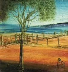 Sheepyards by Pro Hart, oil on canvas on board, sold Sep 2014