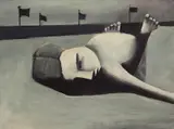 Sunbather c1954 by Charles Blackman, c1954, oil on board, sold Jul 2014