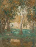 Garden and Shed at Pukawidgee Station, near Deniliquin, NSW 1912 by Janet Agnes Cumbrae Stewart, 1912, oil on canvas, offered Jul 2014