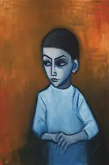 Boy in Blue c1968 by Robert Dickerson, c1968, oil on composition board, sold Jul 2014