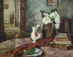 Bessie Davidson, Still Life - Interior with Jug and Vase of Flowers, oil on board
