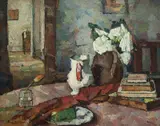 Bessie Davidson, Still Life - Interior with Jug and Vase of Flowers