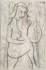 Lovers 1997 by Charles Blackman, 1997, charcoal on paper on canvas, offered Mar 2014