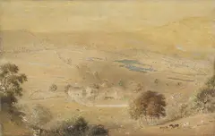Henry Burn, Valley Landscape with Farm Houses and Figures, watercolour on paper