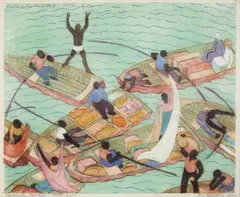 Merchants, Port Said 1932 by Ethel Spowers, 1932, colour linocut, sold Oct 2013