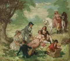 Picnic c1943 by Norman Lindsay, c1943, oil on canvas on board, sold Oct 2013
