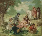 Picnic c1943 by Norman Lindsay, c1943, oil on canvas on board, sold Oct 2013