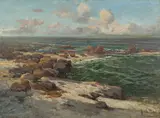 Harold Septimus Power, Port Phillip Bay, from Hampton towards the Bellarine Peninsula (Lady with Parasol) c1905